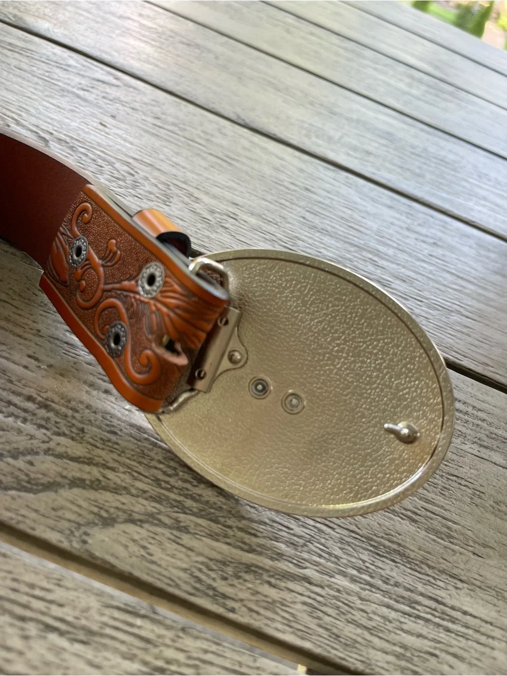 Western Tan Brown Tooled Leather Belt with Silver Longhorn Buckle Unisex Style
